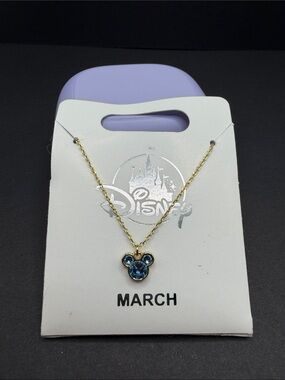 Disney March Birthstone Gold-Tone Mickey Pendant Necklace - Blue. NWT